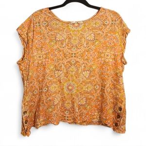 ​Joie 100% Linen Paisley Print Top XL Orange Pink Boho Side Buttons